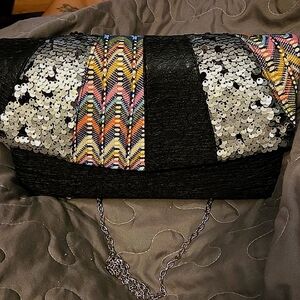 Black Multi Design Sequin Snap Clutch